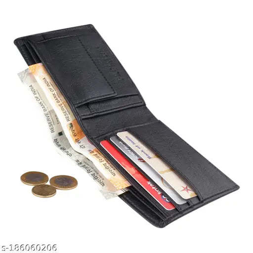 Attractive faux leather men's trendy trifold wallet with textured net pattern, featuring 4 credit card slots, 2 secret slots, 2 zip compartments, and 2 currency sections. Durable PU leather design, made in India