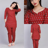 Woman's long-sleeve cotton night suit, black and red paisley pattern