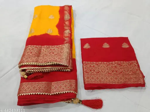 Red and gold crepe saree, Banarasi zari border, Latkan lace work, allover Jacquard design, suitable for casual parties, weddings