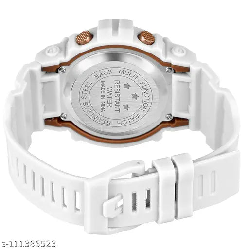 Multifunctional white digital sports watch with black back and orange accents for men, combo pack with cap and goggles