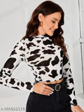 Printed black and white long sleeve lycra t-shirt with cow print, sheer sleeves, and crop fit - Unlined, machine washable