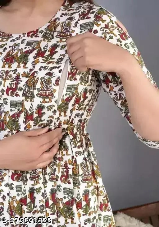 Rayon maternity feeding kurti with printed pattern and zipper, flared fit for women