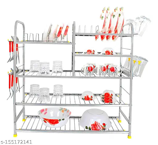 Stainless steel wall mount kitchen rack with five shelves, holding various dishes, cutlery, and utensils