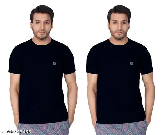 Navy blue cotton blend short sleeve solid round t-shirt for men, reinforced neck with stylish logo, available in size S, XL, L, M, XXL (Made in India)