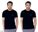 Navy blue cotton blend short sleeve solid round t-shirt for men, reinforced neck with stylish logo, available in size S, XL, L, M, XXL (Made in India)