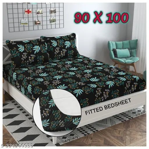 Beautiful, superfine botanical cotton fitted bedsheet (Elvillian brand), size 78x72 inches (queen), with 2 pillow covers. Quality elastic border for a neat fit and firm hold. Ideal for summer use on up to 8-inch mattresses. Hand/machine wash gentle, with mild detergent. Made in India