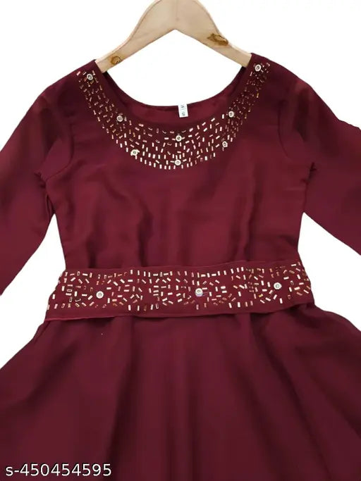Maroon Georgette Daimand Gown, elegant solid-colored formal dress for women, Indian design on hanger