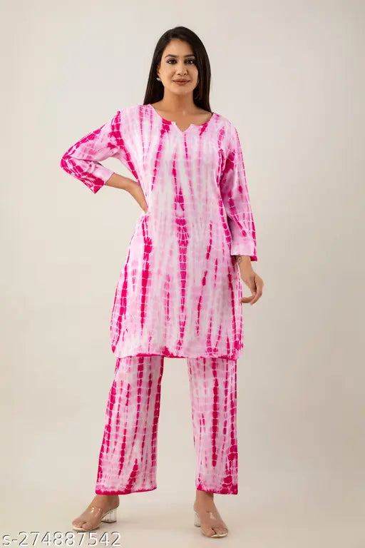 Trendy tie-dye pink rayon kurta and palazzo set, three-quarter sleeves, Indian ethnic wear for casual occasions