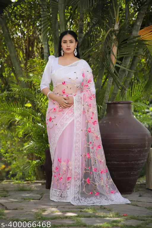 Indian net saree ensemble, embroidered solid blouse in Bangalori silk, free size