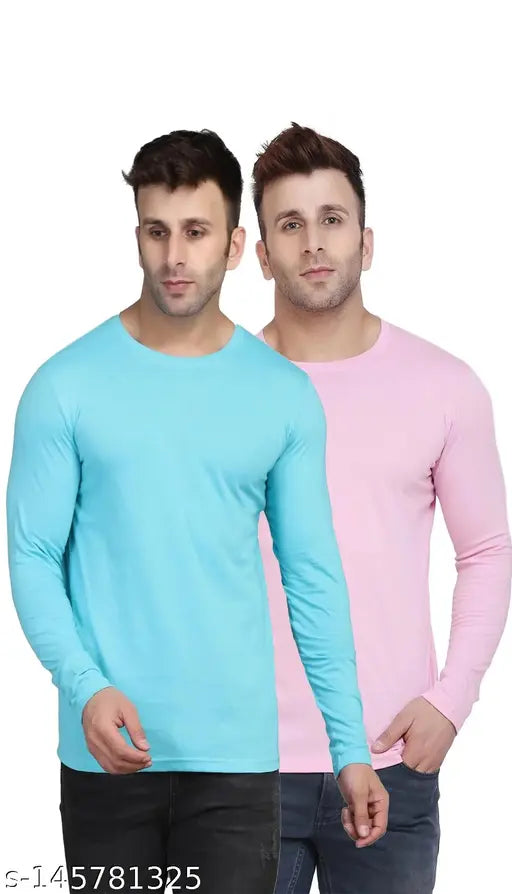 Sky Blue and Pink Cotton Blend Solid Full Sleeve T-Shirts (2pcs), perfect men's gift, India origin