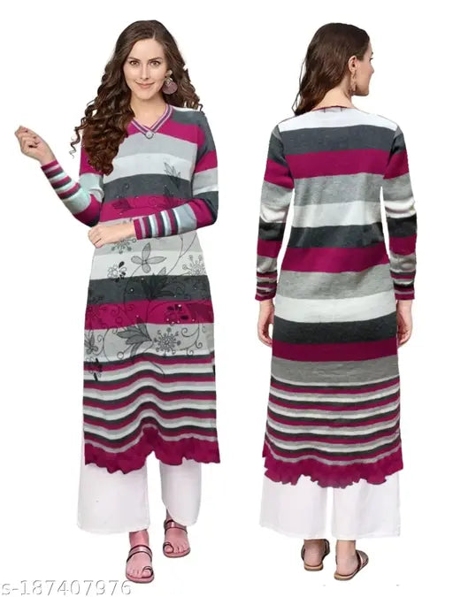 Woolen long kurta in multicolor patterns with lace trim
