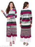 Woolen long kurta in multicolor patterns with lace trim