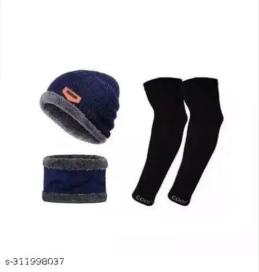 A set of winter accessories, including a cozy scarf, a warm beanie cap hat, hand arm sleeves, and a matching wristband
