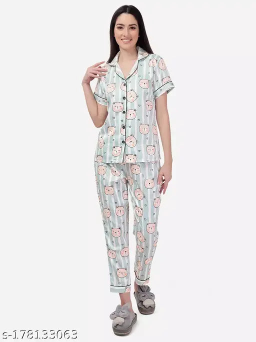 Panda print silk satin night suit, soft & stylish sleepwear with short sleeves and elastic waist