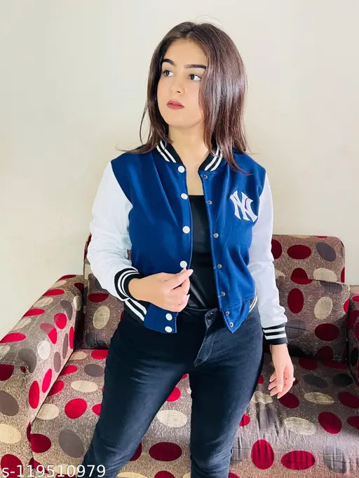 Navy solid cotton long sleeve jacket, elastodiene fabric with printed net pattern, ideal for women's casual and semi-formal events