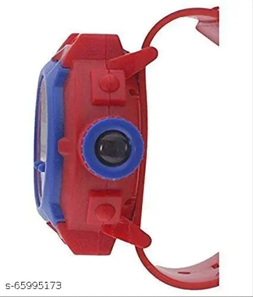 Red and blue toy watch with projected images of spiderman