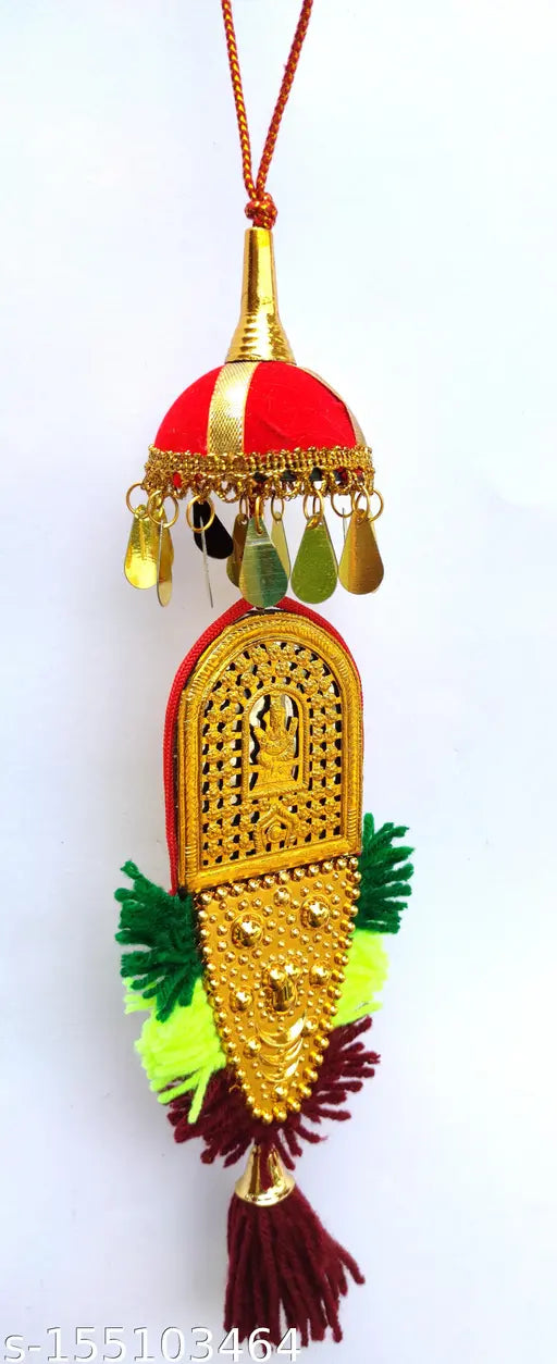 Multi-colored car hanging nettipattam featuring kolam, umbrella, Ganesha, and Vishnu (8 inch, handcrafted, India)