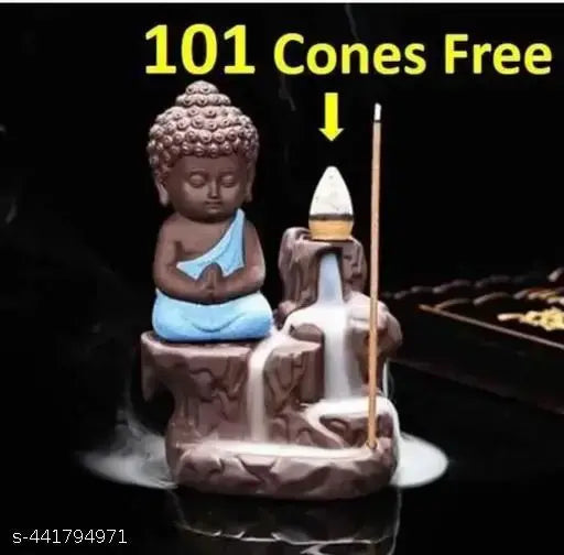 Resin Buddha backflow smoke fountain with 101 cone incense, Indian-made spiritual home decor