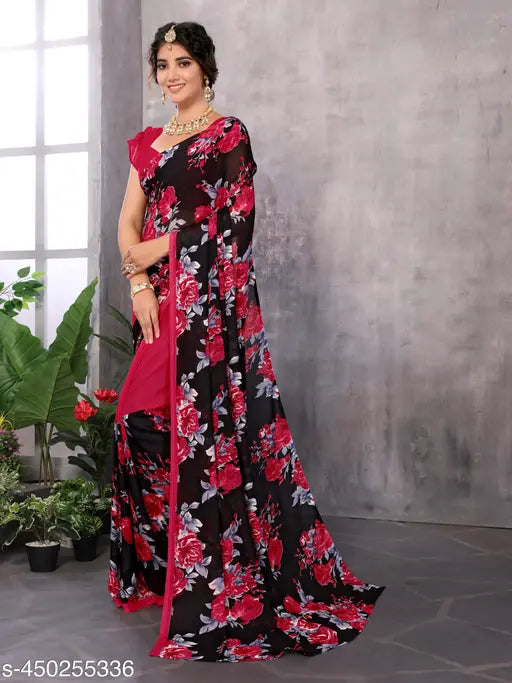Floral patterned Georgette saree with matching blouse, suitable for party festivals and weddings