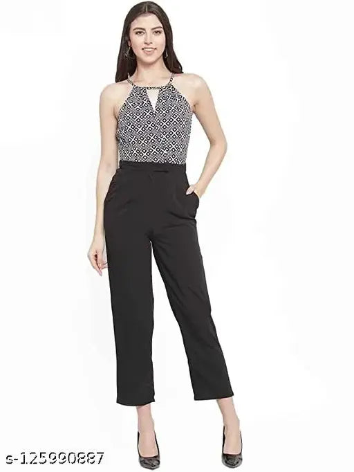 Black checked crepe sleeveless jumpsuit by Magnetic Designs, perfect for casual events, made in India