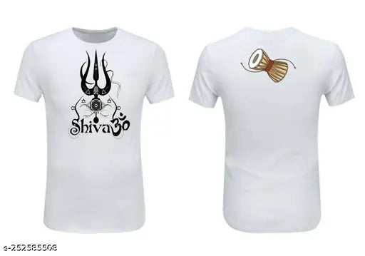 White polyester round neck half sleeve T-shirt with sublimation printing featuring Bhole Nath, Shiv Shankar, Mahadev, and Mahakal deities. High-quality Indian-made apparel, both sides printed
