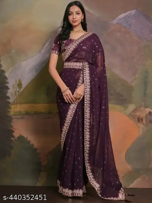 Purple embellished sequined pure georgette saree