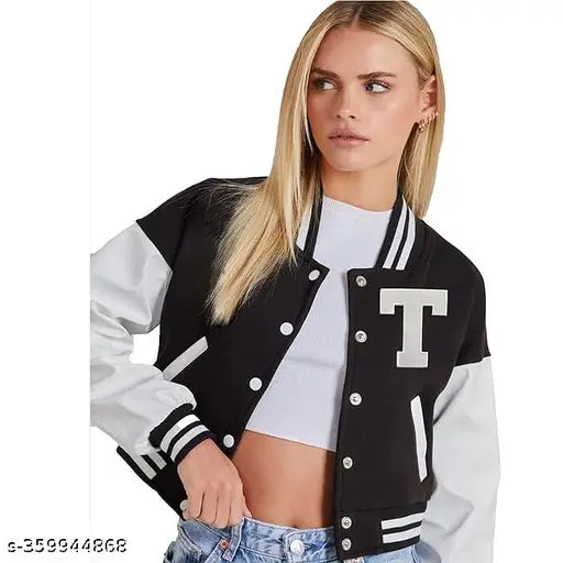Black fleece colorblocked women's varsity jacket with long sleeves, made in India
