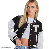 Black fleece colorblocked women's varsity jacket with long sleeves, made in India
