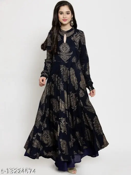 Rayon Anarkali Kurta, Jaipur gold print, long sleeves, Indian traditional women's clothing on mannequin