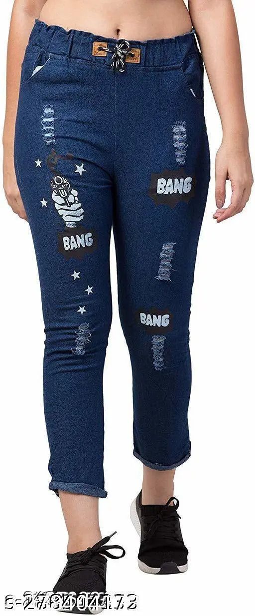 Light blue women's jeans with frayed hems and embroidered stars