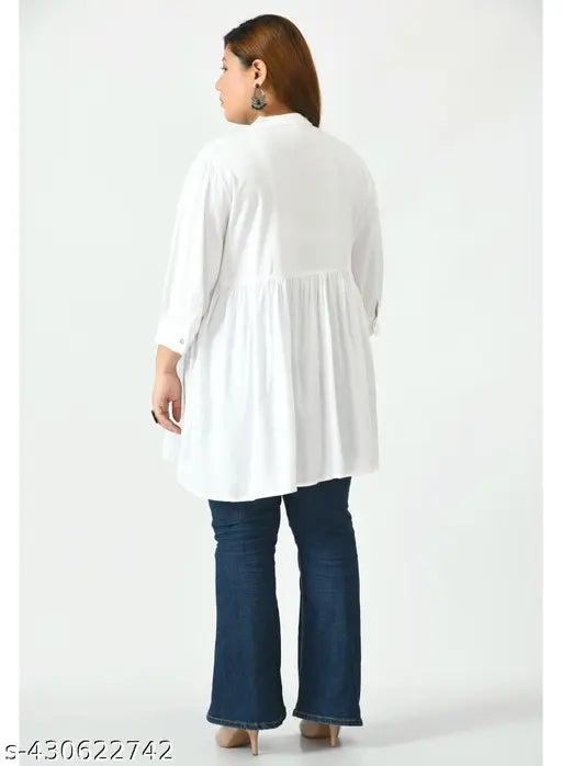 White rayon three-quarter sleeve top by SAAKAA, solid pattern, XL size (bust 41 in, length 26 in)