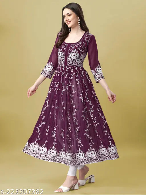 Purple georgette embroidered anarkali kurti with matching dupatta