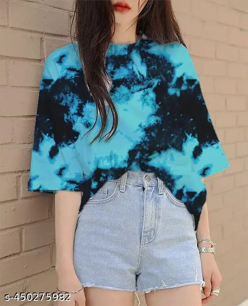 Oversized top in blue tie-dye fabric for women, long sleeves, crew neck