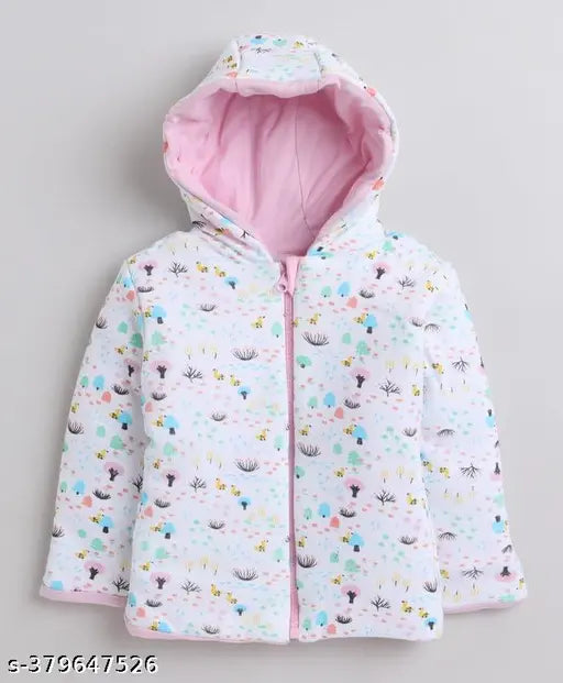 The jacket appears to be a children's hooded winter coat, possibly reversible, with a pink interior. It has a zipper closure and is likely made from a waterproof fabric