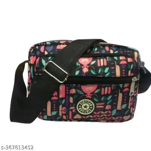 A colorful nylon messenger bag with a long strap, designed for women and suitable for college, outings, traveling, work or medium-sized items
