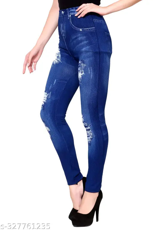 Blue Printed Denim Jegging by DIKFAB - Fine stretch Cotton Poly Blend, fits perfectly, 4-way stretch, printed design, sizes: 28, 30, 32, Free Size, M, L, XL (model height 5.10 ft, waist 30 in, wearing size M)