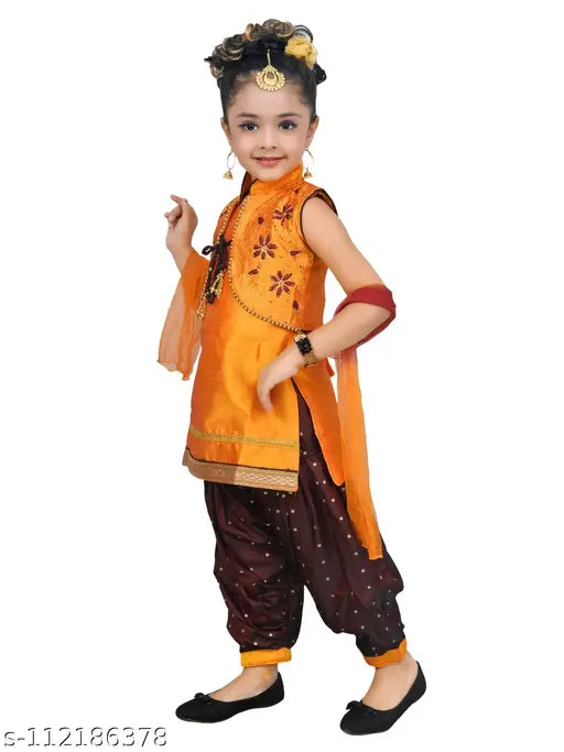 Purple designer embroidery cotton blend Patiala suit for girls, 3-4 years, Indian ethnic wear