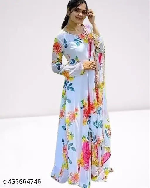 Chanderi Cotton Anarkali Style Set (gown & dupatta), printed, long sleeves, XS-XXL sizes, Indian origin