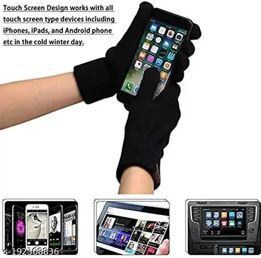 Black woolen beanie set, winter woollen gloves, mobile screen touch spot - men's and women's woolen cold-weather accessories collection from India