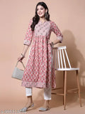 Peach cotton printed Nayra cut straight kurta with three-quarter sleeves and contrast white lace detail, India origin