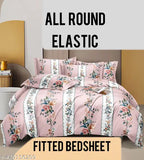Hand-loomed cotton king size fitted double bedsheet with botanical print and two pillow covers, ideal for summer use by adults