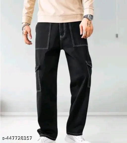 A pair of black cargoo pants, with a visible front pocket and belt loops