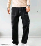 A pair of black cargoo pants, with a visible front pocket and belt loops