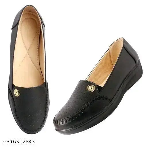 Black leather 126BLACK women's slip-on shoes with a cushioned sole and decorative flower detail.