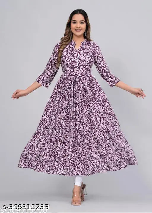 Sanganeri Print Women's Rayon Anarkali Kurti, XL (Bust 42in, Length 48in), traditional Indian outfit with three-quarter sleeves