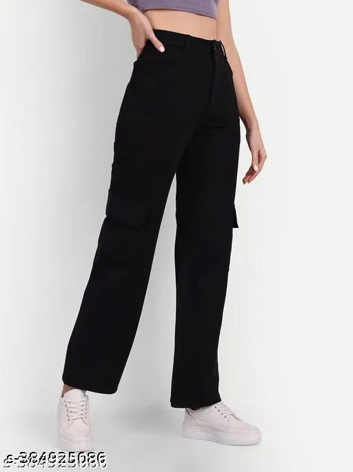 High-rise cargo pants with slanted inset pockets, a straight fit with a flap patch. Ashma brand, stretchable, suitable for both casual and formal wear