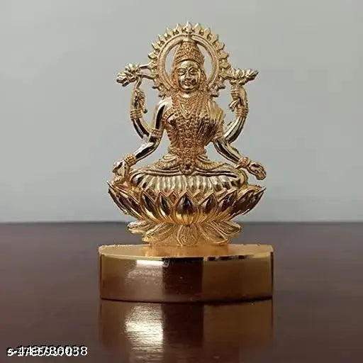 Gold-toned brass metal Lakshmi idol, traditional Diwali Puja decoration, 7cm x 11cm x 1cm