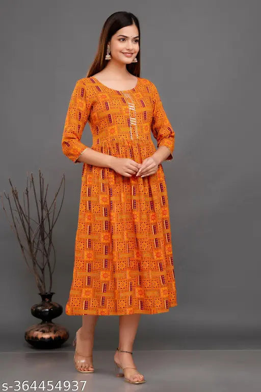 Rayon Anarkali kurti with trendy gaithering embroidery, three-quarter sleeves