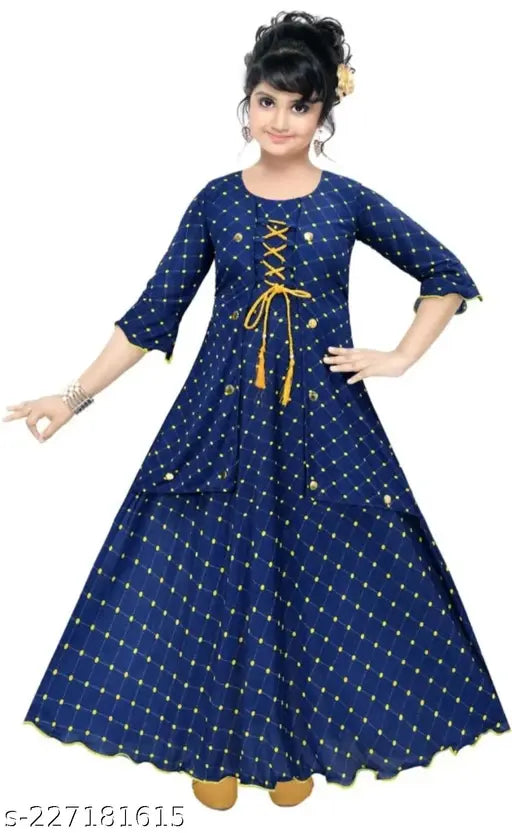 Cotton blend checked net kids gown, three-quarter sleeves for 6-15 years, stylish and fun