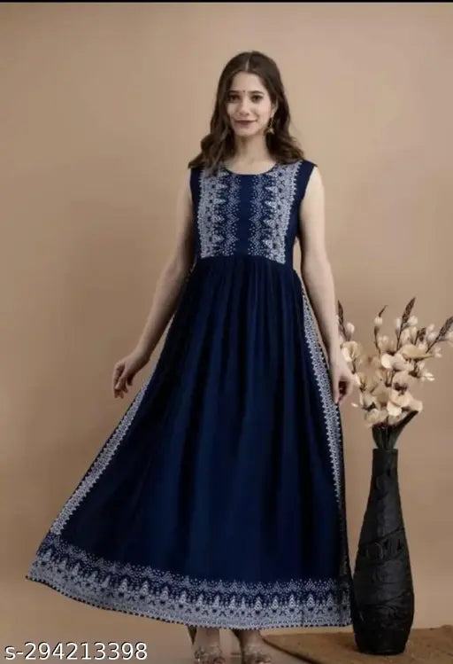 Rayon printed blue straight Nayra cut kurta for women/girls, three-quarter sleeves, Indian traditional dress